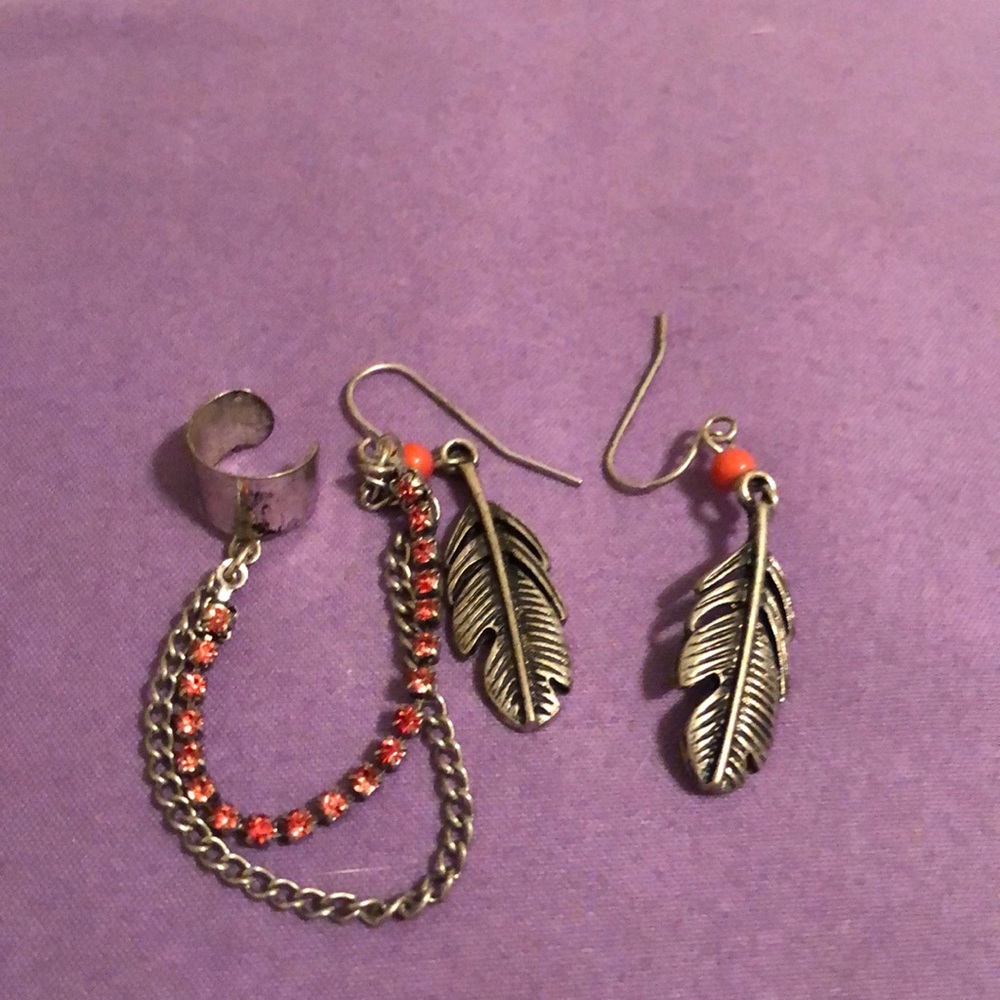 Orange feather earrings with cuff